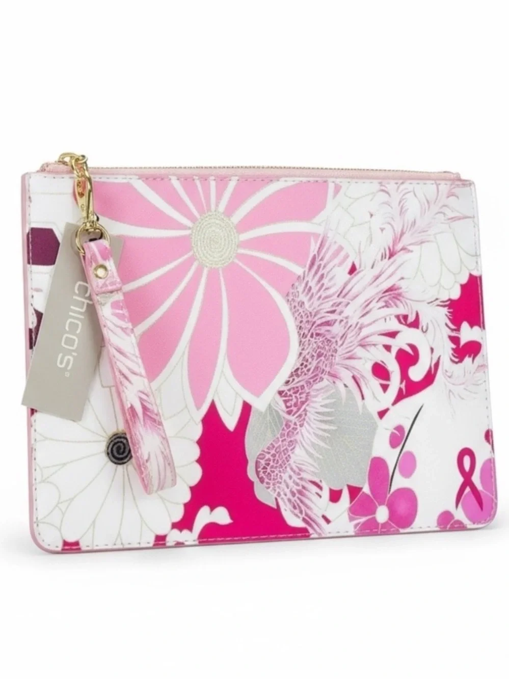 Chico’s LBBC Pink Floral Wristlet Clutch Breast Cancer NWT